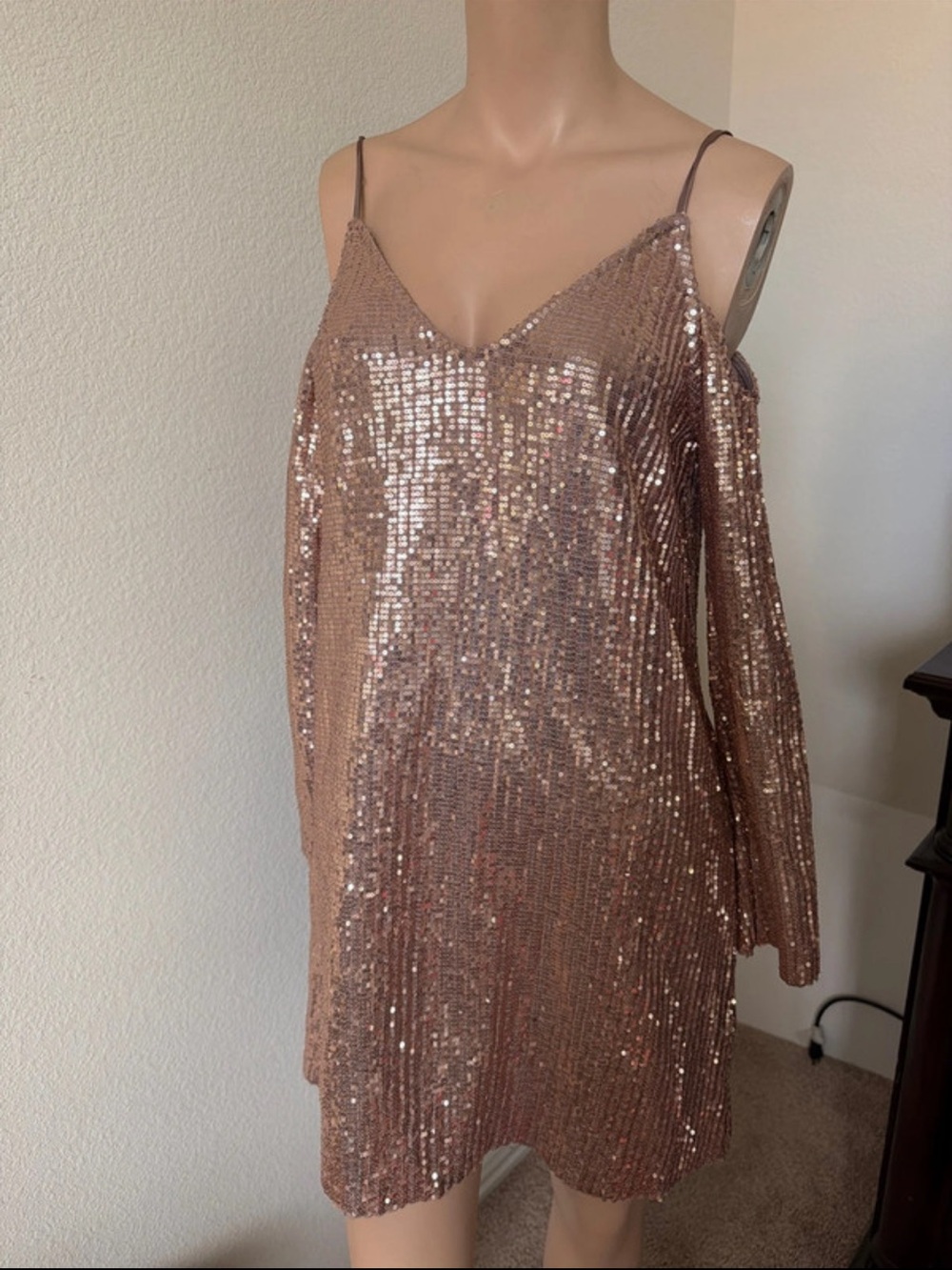 NWT Zara Sequined Cold-Shoulder Slip Dress in Rose Gold Small